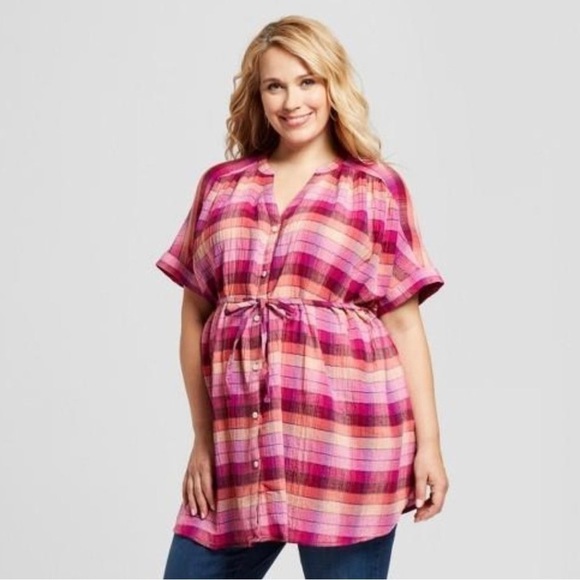 Isabel Maternity by Ingrid & Isabel Pink and Orange Plaid Button-Down Tunic - Picture 2 of 10